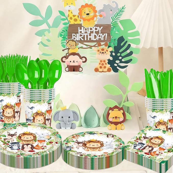 Jungle Animals Party Decorations - 175 Pcs Safari Animal Baby Shower Plates and Napkins, Wild Animals Theme Disposable Tableware Set for Baby Shower Zoo Birthday Party Supplies Favors, Serves 25
