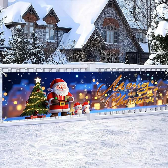 Merry Christmas Banner Santa Claus Christmas Decorations for Home 79x18 Inch Large Outdoor Xmas Backdrop with Snowman Tree Lights for Holiday Party Wall Yard Fence Indoor Decor