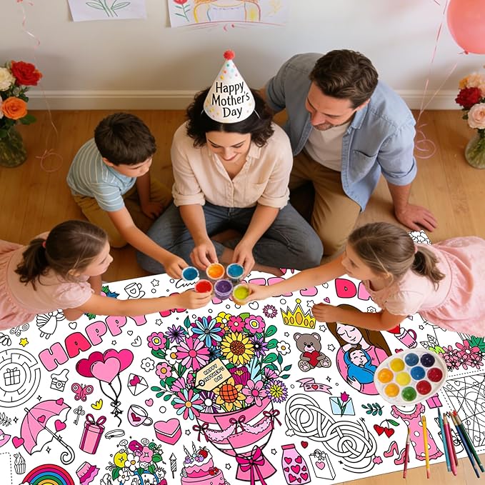 Mother's Day Giant Coloring Poster for Kids,30x72Inch Birthday Gift Drawing Paper Coloring Tablecloth DIY Art Crafts Mat,for Kids Party Mother's Day Themed Activity Wall Home Classroom Party Suppiles