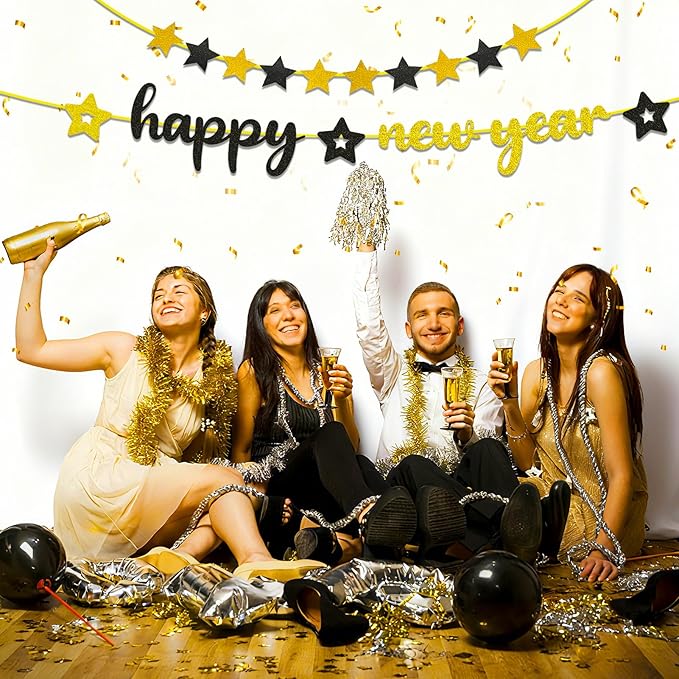 Happy New Year Banner, 2026 New Years Eve Party Supplies NYE Sign Decorations with Stars for Mantle Fireplace Holiday Decor