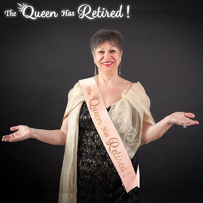Retirement Gift for Woman - Champagne Retirement Sash with Rose Gold Shine The Queen Has Retired!, Cool Retirement Party Decorations for Birthday Retired Queen.