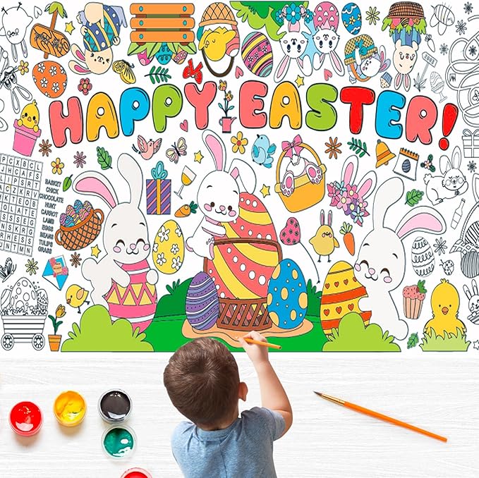 BCCSNNM Easter Coloring Tablecloth for Kids,Giant Coloring Poster for Kids,Easter Crafts Classroom Game Activities Gifts Party Decorations Supplies (31.5 x 72 Inches)