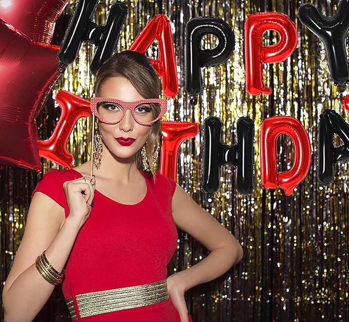 KALOR Black and Red Happy Birthday Balloons Banner, 16 Inch Mylar Foil Letters Balloon Sign for Birthday Party Decorations Photo Booth Backdrop