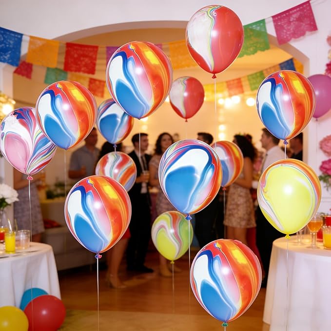 Rainbow Tie Dye Balloons - 50 PCS 12 Inch Marble Agate Latex Swirl Hippie Party Balloons for Tie Dye & Christmas Birthdays