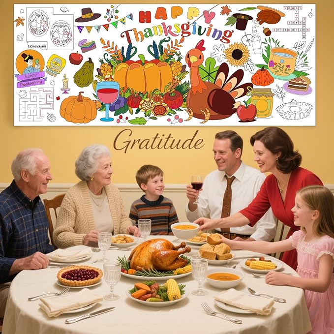 Thanksgiving Giant Coloring Poster,72 x 30 Inches Large Fall Thanksgiving Tablecloth/Banner for Kids DIY Coloring Tablecovers Gifts Turkey Pumpkin Fruits Fall School Classroom Home Party Supplies