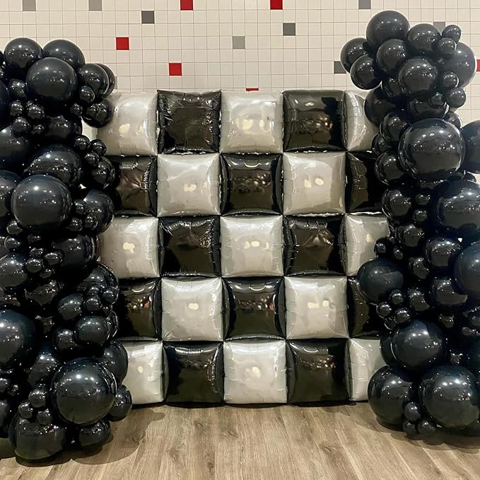 Black and White Square Foil Balloons Wall, 25PCS Double Sided Pearl White and Metallic Black Checkered Square Balloon Backdrop Wall Party Decorations for Racing Car Disco Birthdays New Year Background