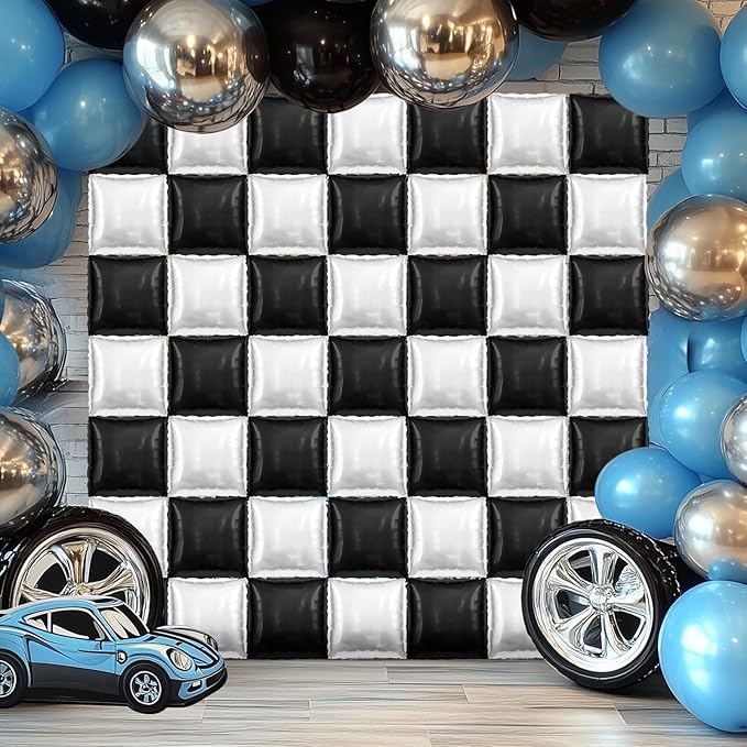 50 PCS Black and Pearl White Square Foil Balloons Wall Backdrop 19'' Reusable DIY Mylar Balloon Tunnel Arch Kit for Racing Birthday Baby Shower Wedding Bachelorette Party Background Decor