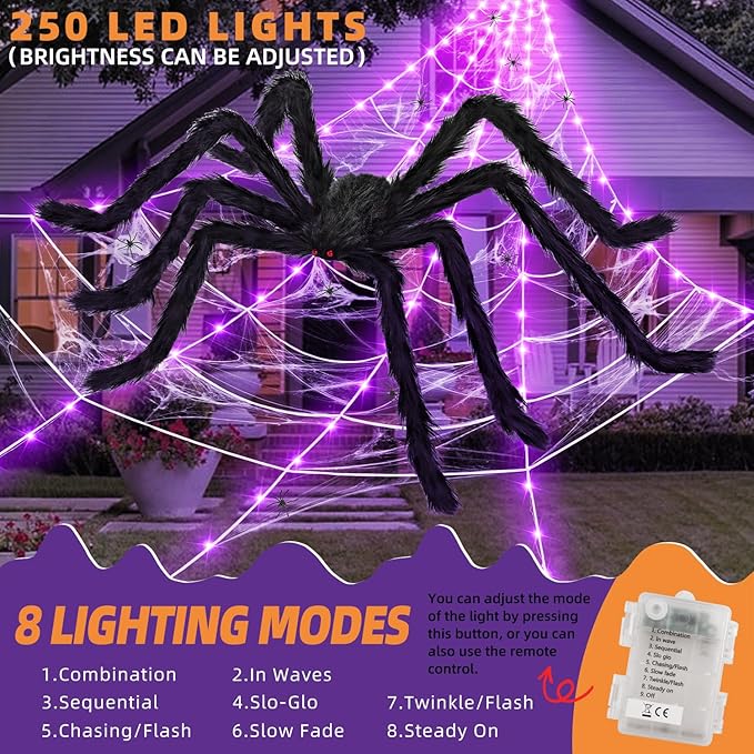 Halloween Decorations Outdoor and Indoor,250 LED Halloween Spider Web Light Decorations with 59" Giant Spider & 20g Stretch Cobweb,200" Large Light Up Spider Web for Yard(Purple)