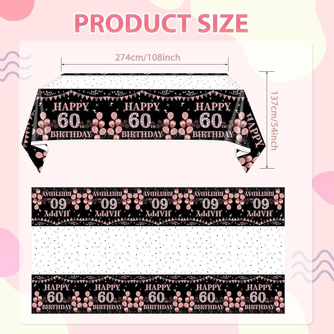 3PCS 60th Birthday Tablecloth Decorations for Women Happy Sixty Birthday Theme Black and Rose Gold Table Cloths,60 Year Old Birthday Plastic Disposable Rectangular Table Cloth Decor