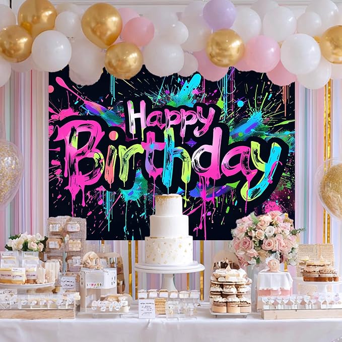 Neon Happy Birthday Banner 84x60 Inch Photography Backdrops Party Background Decorations Colorful Graffiti Splash Paint Kids Birthday Supplies Glow in The Dark