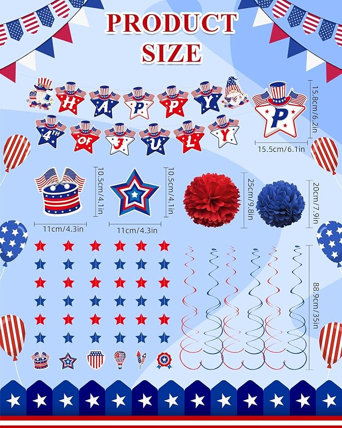 31Pcs 4th of July Party Decorations, Red White and Blue Decor Set with Banner, Hanging Swirls, Pom Poms & Star Streamers,Patriotic Decorations for Independence Day Outdoor Home Office Mantel