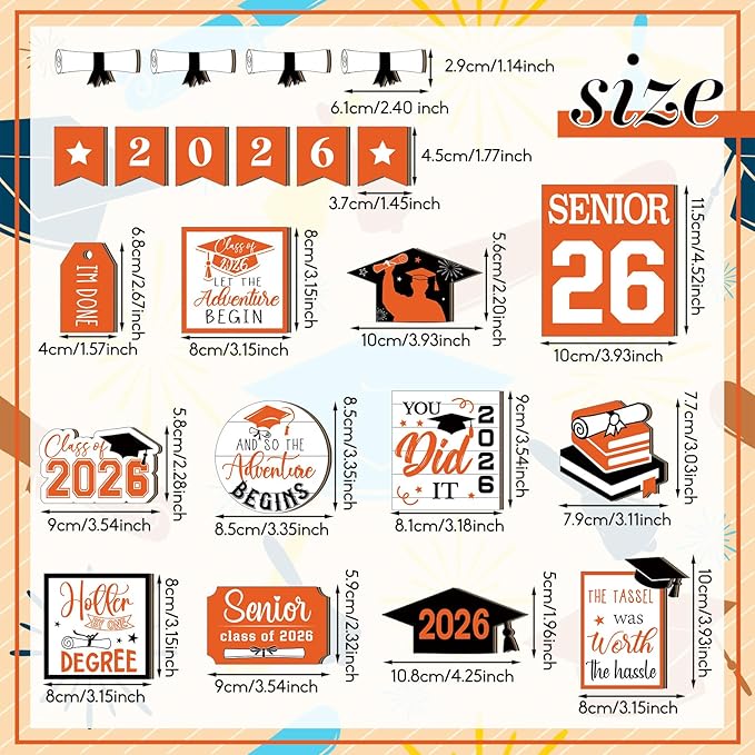 22 Pcs 2026 Graduation Tiered Tray Decor Sets Wooden Graduation Class of 2026 Table Decorations Senior 2026 Gown Diploma Farmhouse Signs for Home Shelf Party Office Desk(Orange)
