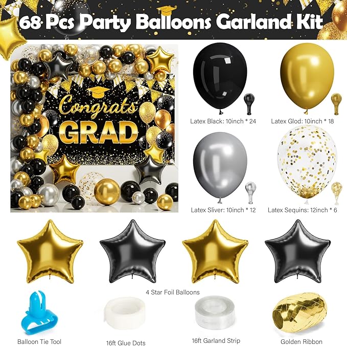 Ecomore 2026 Graduation Decorations - 245 PCS Grad Disposable Dinnerware(Serve 25) & Graduation Party Supplies With Congrats Paper Plate Cup Napkin Cutlery Tablecloth Backdrop Balloon Kit - Black Gold