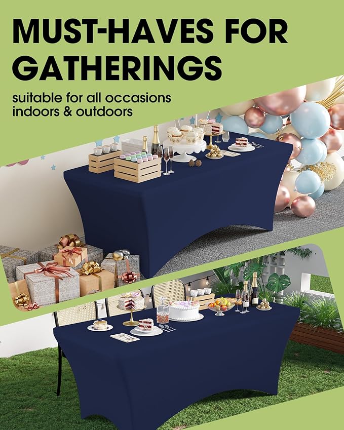 Pureegg Spandex Tablecloth 6ft - 6 Pack, Fitted and Stretch Table Cover for Rectangle Tables, Wrinkle-Resistant and Secure Fabric for Outdoor, Picnic, Party, Wedding, Banquet and Birthday, Navy Blue