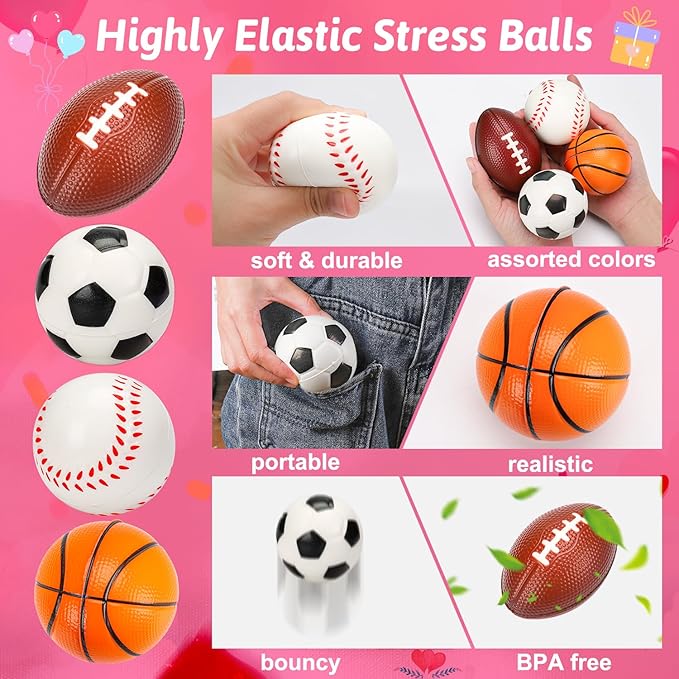 24PCS Sports Stress Balls Valentines Day Cards for Kids School Classroom Boys Girl Toddler Valentine Day Exchange Gifts Card Basketball Football Soccer Valentine’s Party Favors Prize Treat Bag Stuffer