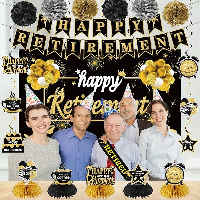 20PCS Happy Retirement Party Decorations Kit for Men Women, Kuxriox Black Gold Retirement Backdrop Balloon Honeycomb Centerpiece Swirl Paper Pompom Party Supplies, Retired Sash Table Topper Swirls Set