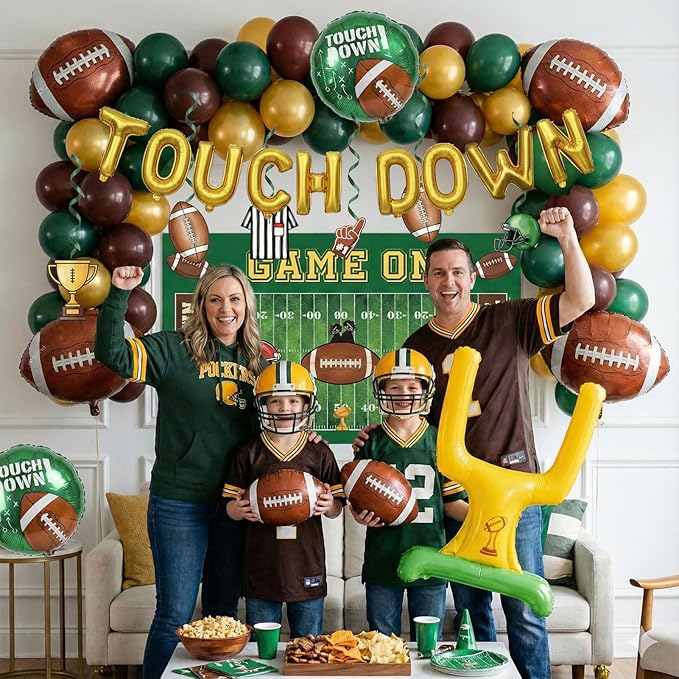 Football Party Decorations Kit & Green Brown Gold Balloons & Goal Post Touchdown Foil Balloons & Banner Backdrop for Boys & Men Sports Theme Major Tailgating Season Celebration Supplies Decorations