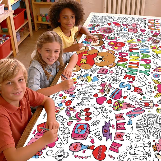 Valentine's Day Activity Poster - Large 31.5x72 Inch Coloring Table Cover for Holiday Party, School Classroom Decor, Crafts & Family Fun