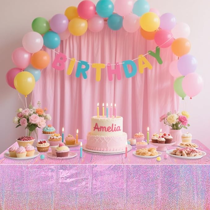 4Pcs Pink Holographic Tablecloths Rectangular Pink Iridescent Tablecloth Shimmer Metallic Table Covers for Girls Princess Wedding Witch Theme Birthday Party Decorations, 54x108Inch