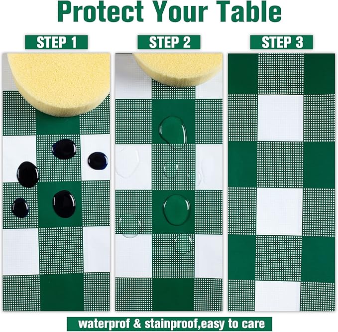 Kesfey 3 Packs Green and White Checkered Tablecloths 54 x 108 Inches Disposable Plastic Gingham Tablecovers Waterproof Rectangle Picnic Party Table Covers for Birthday Party Supplies Christmas