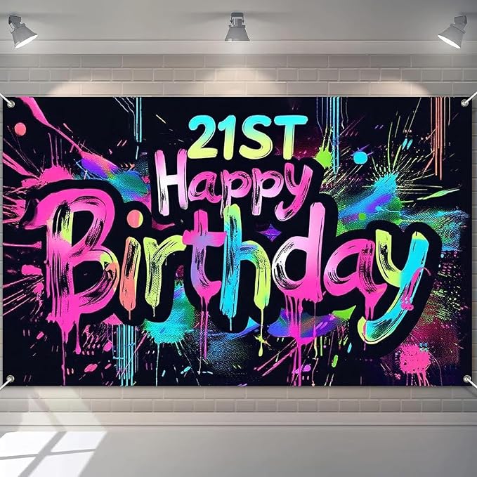 Neon 21st Happy Birthday Banner 71x43 Inch Paint Splatter Glow in The Dark Party Backdrop Colorful Wall Decor for Adults Boys Girls Twenty First Birthday Celebrations Props Event Supplies
