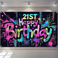 Neon 21st Happy Birthday Banner 71x43 Inch Paint Splatter Glow in The Dark Party Backdrop Colorful Wall Decor for Adults Boys Girls Twenty First Birthday Celebrations Props Event Supplies