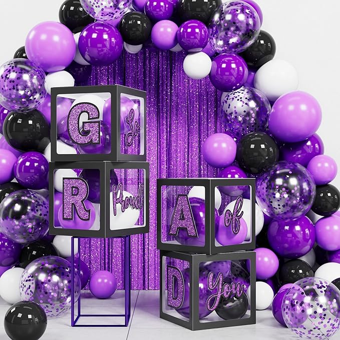 Graduation Party Decoration Class of 2026 86PCS Purple & Black Graduation Party Supplies High School College Grad Balloon Boxes with Letter, LED String Light, Foil Curtain, Balloon Garland Kit