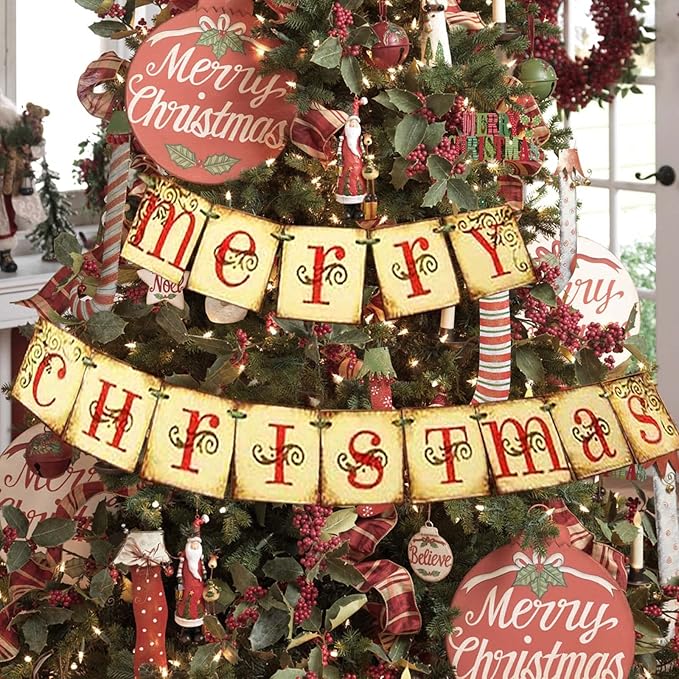 Christmas Decorations - Vintage Merry Christmas Banner - Retro Nostalgic Traditional Old Fashioned Victorian Xmas Holiday Clearance Decor for Indoor Home Office Fireplace Mantle Farmhouse