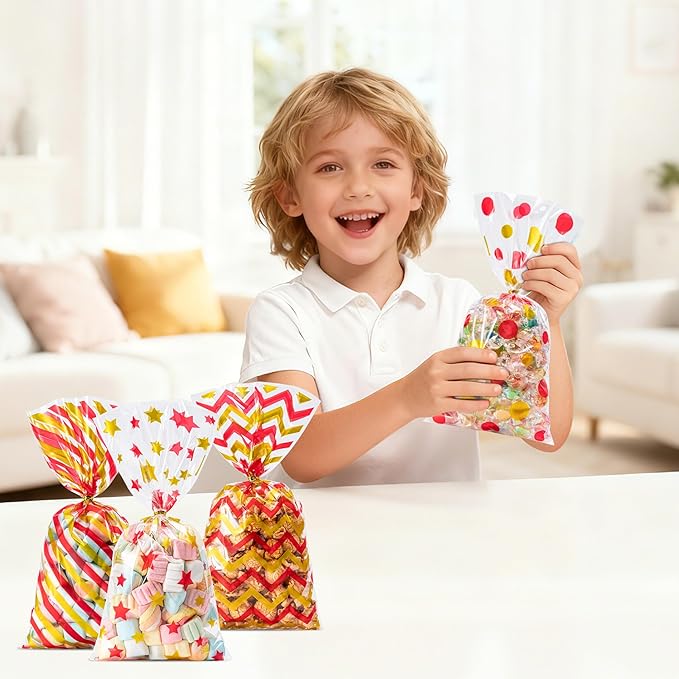 Aegero 120 Pack Red/Gold (wave dots/ wave stripes /diagonal stripes/Star Printed)Cellophane Treat Bags,10.63 x 5.12 Inch Plastic Candy Goodies Bags with 140 Pcs Twists for Valentine,Birthday,Bakery,Wedding,Gift Cookie Snack Packing,Party Favor Supplies
