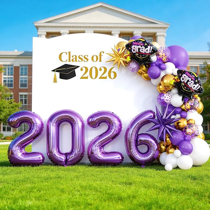 Graduation Balloons Garland Arch Kit, Graduation Balloons Class of 2026, Purple and White Gold Latex Balloon with Foil Balloon for Class of 2026 Party Decor