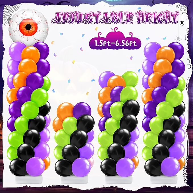 Kasyat 2 Set Halloween Eyeball Balloon Column Stand Kit with Red Green Eyeball Foil Balloon Orange Purple Green Black Arch Garland Kit for Spooky Birthday Party Halloween Theme Decoration