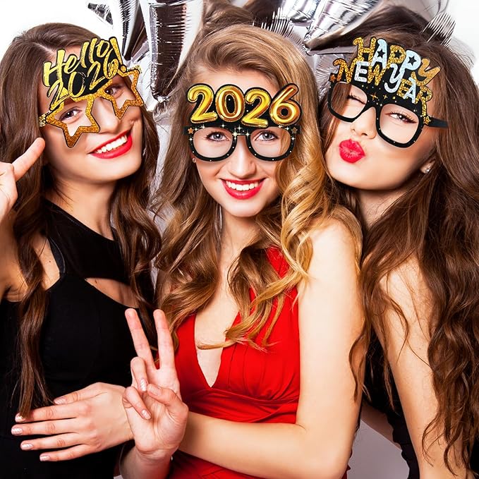 PRETYZOOM 9Pcs 2026 Happy New Year's Eve Eyeglasses: Year of Horse Glasses Nye Party Favor for 2026 Supplies Glitter Holiday Glasses Decorations