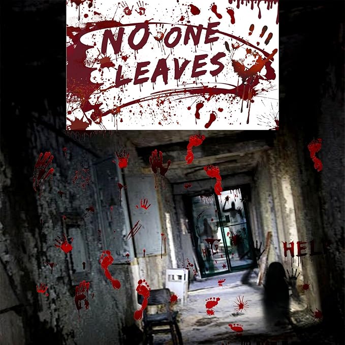Halloween Decorations Set Bloody Backdrop Banner + Ghost Shadow Blood Footprint Handprint Floor Cling Decal for Bloody Party Spooky Zombie Vampire Party Supply Garage Yard Outdoor Indoor Decor