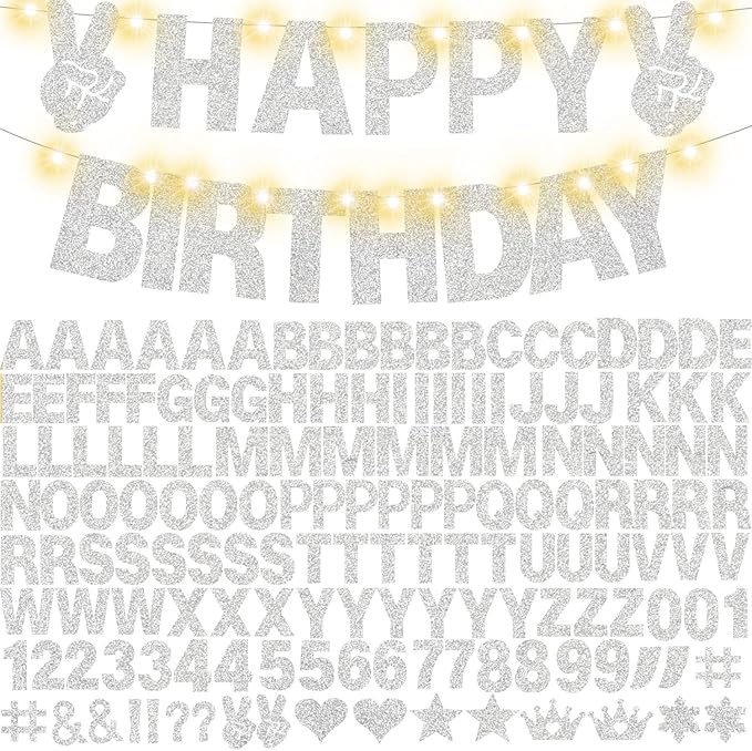 129Pcs DIY Letter Banners Glitter Customizable Banner Kit Custom Banners DIY Happy Birthday Letters 0-9 Numbers Personalized Banner Decor Wedding Birthday Party Decorations Supplies(Dazzling Silver)