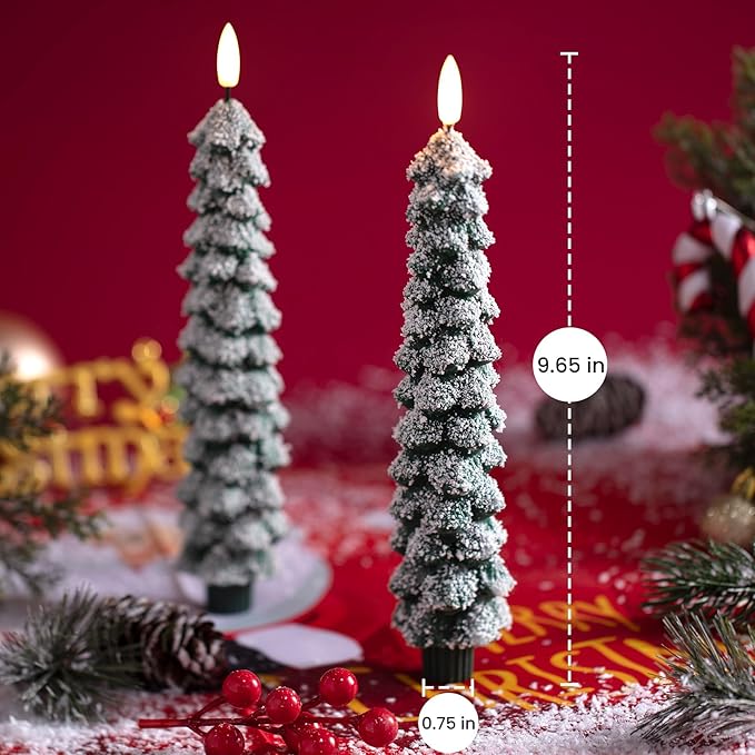 4 PCS Flameless Christmas Tree Candles with Remote, Snow Covered Real Wax Flameless Taper Candles 9.65 Inch, LED Candlesticks Battery Operated with 3D Flickering Flame, Christmas Candles Decor