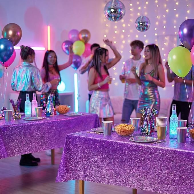 Purple Birthday Decorations - 2 Pack Laser Purple Tablecloth for K‑Style Demon Music Theme Birthday Decorations - Pink Party Decor for Korean Pop,Iridescent Party Decorations for Bachelorette Bridal