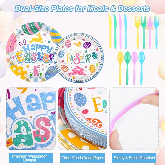 Kochorie 194 Pieces Happy Easter Tableware Set Colorful Easter Bunny Egg Dinnerware Includes Paper Plates Cups Napkins Straws Plastic Cutlery Tablecloths for Spring Birthday Party Supplies, Serves 24