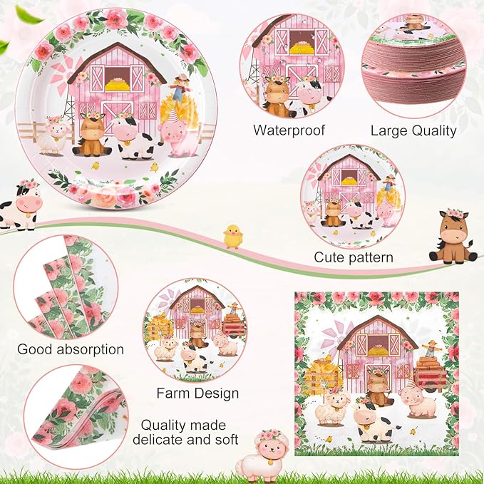 Ceenna 452 Pcs Pink Farm Animal Birthday Party Decoration for 50 Guest, Pink Farm Barnyard Paper Plates Napkins Cups Tablecloth Cutlery Straw for Baa Moo Im Two Birthday Baby Shower Party Supply