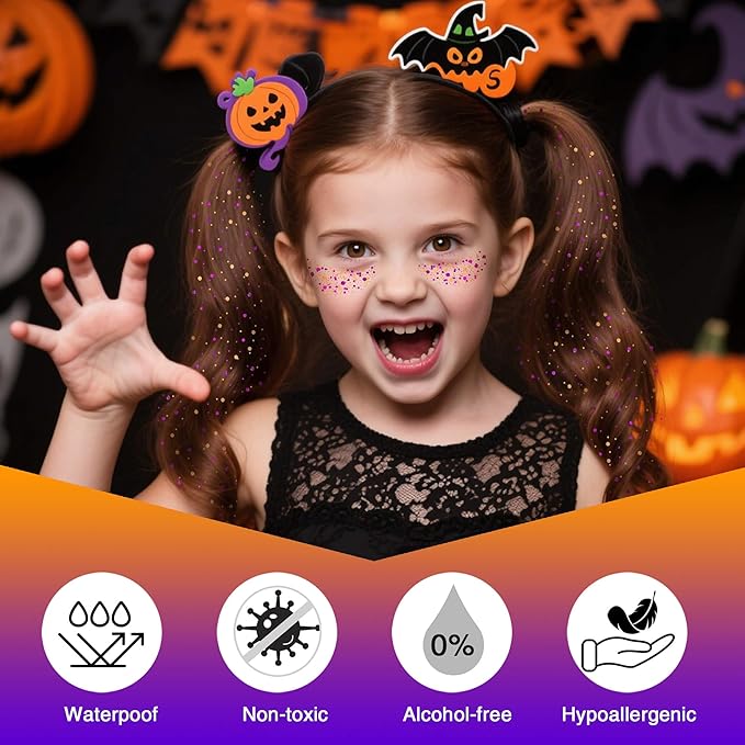 Halloween Purple Orange Hair Glitter Stick,Orange and Purple Body Face Glitter Hair Accessories,Waterproof Cosplay Chunky Glitter Makeup Sequins Body Paint