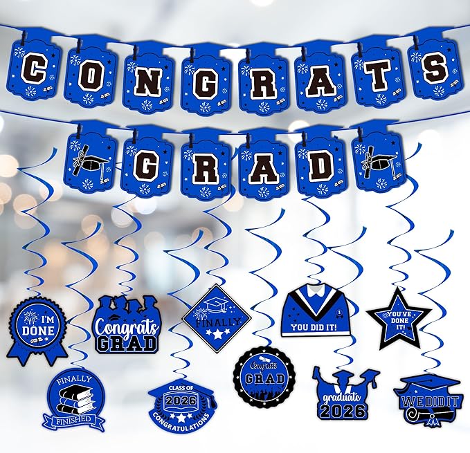 Graduation Decorations 2026, Class of 2026 Backdrop, Banner, 2026 Foil Balloons, Tablecloth, Hanging Swirls, Honeycomb Centerpieces, Party Supplies Decorations Set for College (BLUE)