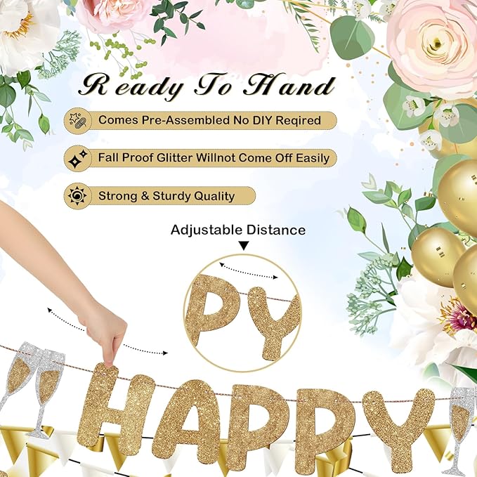 Breling Pre Strung Happy Engagement Banner Glitter Engagement Party Decorations for Congratulations Engaged Wedding Shower Signs Decor(Champagne Gold)