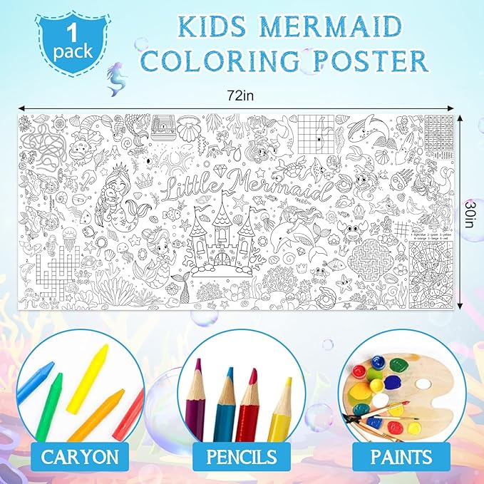 Mermaid Giant Coloring Poster for Kids 30 x 72 Inch, Large Coloring Poster Sheets Tablecloth, Mermaid Themed Color-in Activities Games for Kids School Classroom Home Party Supplies Decorations