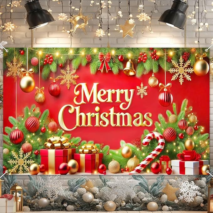 Merry Christmas Backdrop 71x43 Inches Red and Gold Gift Box Scene Banner Holiday Party Photography Background Indoor Outdoor Christmas Decorations for Wall or Door