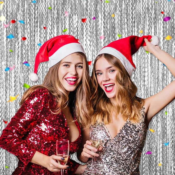 4 Pack Silver Wave Foil Fringe Curtain Backdrop, 3.28Ft x 8.2Ft Metallic Tinsel Foil Fringe Streamer Curtains for Photo Booth, Mother's Day, Easter, Birthday, Wedding Party Decoration