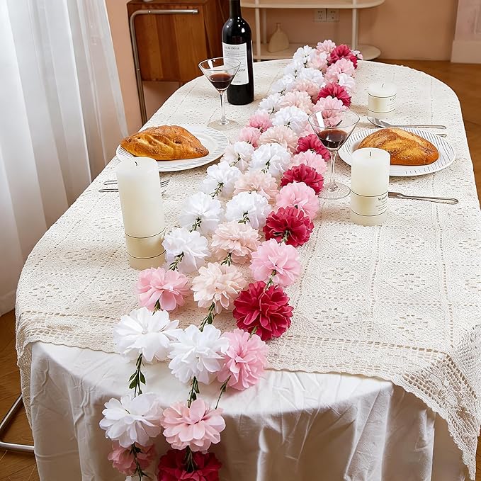 2 Pc White and Pink Hanging Flower Garland, 8.2 FT Pink Ombre Paper Flower Garland with Tissue Pom Pom Decorations, Pom Pom Garlands for Wedding Backdrop Bridal Shower Birthday Party