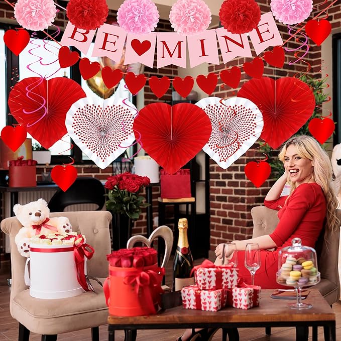 26PCS Valentines Decorations, Happy Valentines BE MINE Banner, Heart Felt Garland Paper Fans POMPOM Flowers, Red Pink Hanging Swirls for Heart Love Party Decorations Decor Wedding Supplies
