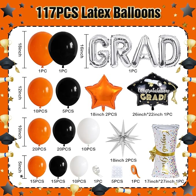 Orange Graduation Balloons Garland Arch Kit, 117PC Orange Black White Graduation Star Print Certificate Grad Foil Balloon with Silver Explosion Star Balloon for Graduate Class of 2026 Prom Party Decor
