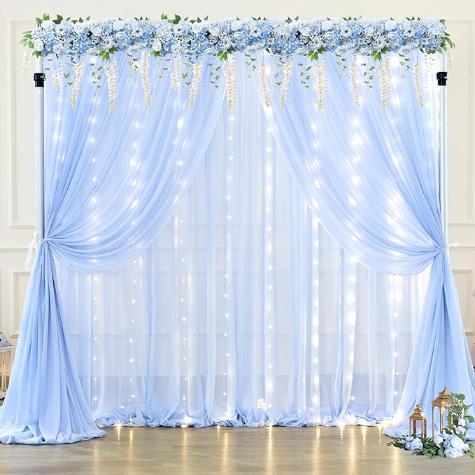 10x10ft Baby Blue Chiffon Backdrop Curtain with Lights String for Wedding Sheer Tulle Curtain Photo Backdrops Drapes for Baby Shower Birthday Party Home Ceremony Decorations