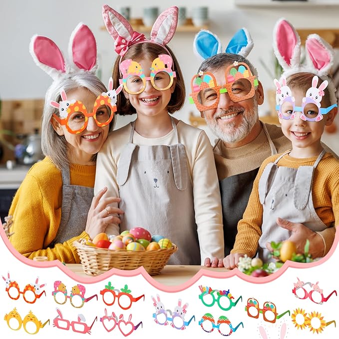 Lenwen 24 Pieces Happy Easter Glasses Paper Glasses Frame Chick Bunny Ears Eggs Eyeglasses Easter Day Eyewear for Kids Adults Photo Booth Props Party Favor Decorations Supplies
