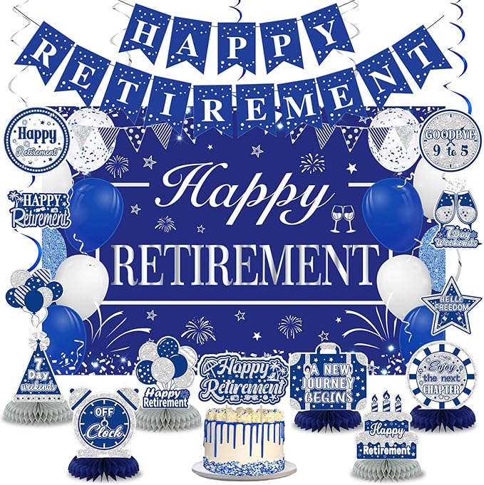 Retirement Party Decorations for Men Women Blue Silver Happy Retirement Banner Backdrop Honeycomb Centerpiece Cake Topper Hanging Swirl Set